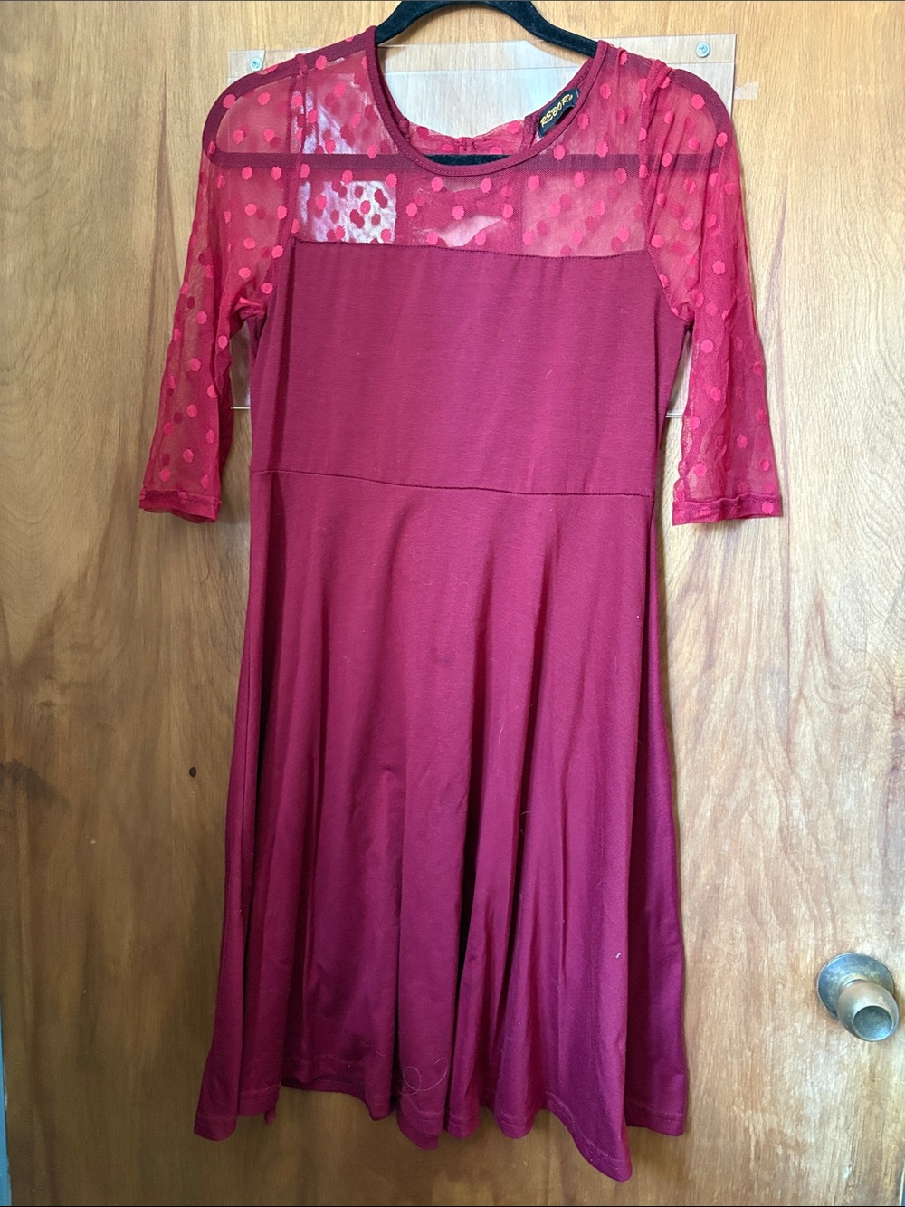 Reborn A-Line Sheer Dot Sleeve Burgundy Dress